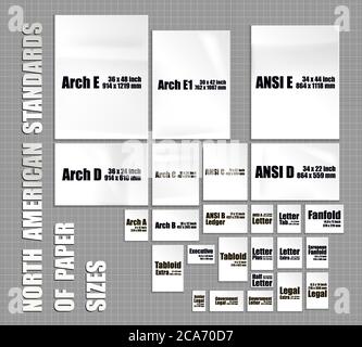 Kompletter Satz amerikanischer Papierblätter Standards der Serie Arch, ANSI, Format Letter, Ledger, Tabloid. Nachbau von realistischen weißen Seiten in verschiedenen USA si Stock Vektor