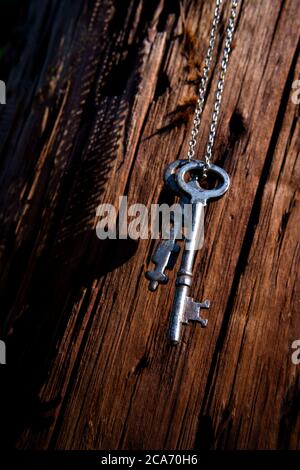 Alte antike Skelett Schlüssel hängen von Metallkette gegen verzweifelte Holzoberfläche Stockfoto
