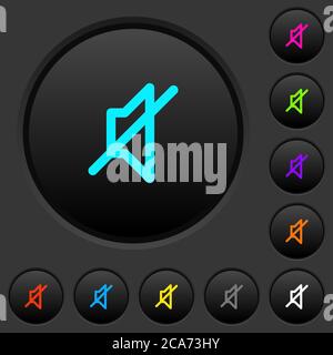 Dunkle Tasten mit leuchtenden Farbsymbolen auf dunkelgrauem Hintergrund stumm schalten Stock Vektor