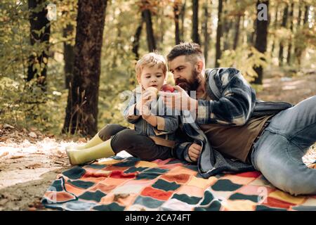 Glücklicher kleiner Sohn und bärtiger Vater gehen im Herbst herbstliche Natur. Herbstpicknick im Wald. Papa und Kleinkind liegen an Picknick bunte Decke und essen Stockfoto