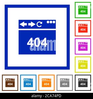 Browser 404 Seite nicht gefunden flache Farb-Symbole in quadratischen Rahmen auf weißem Hintergrund Stock Vektor