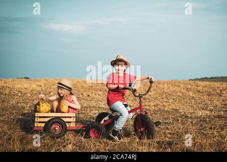 Emotionale Kinder gehen im Freien und genießen zu Fuß. Glückliche Kinder im Sommer in der Natur. Entzückende Kinder, die Spaß haben. Glückliche kleine Kinder. Porträt eines glücklichen Stockfoto