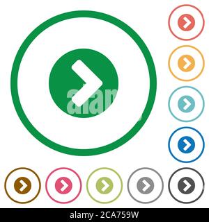 Flache Farbsymbole mit Chevron rechts in runden Umrissen auf weißem Hintergrund Stock Vektor