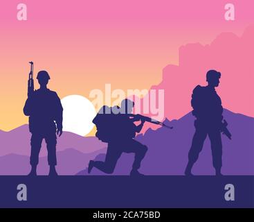 Soldaten Figuren Silhouetten bei Sonnenuntergang Szene Vektor Illustration Design Stock Vektor