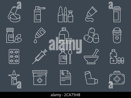Satz von Medikamenten-bezogenen Vektorlinien-Symbolen Stock Vektor