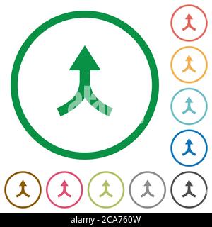 Pfeile nach oben zusammenführen flache Farbsymbole in runden Umrissen auf weißem Hintergrund Stock Vektor