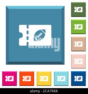 Rugby Rabatt Coupon weiße Symbole auf kantigen quadratischen Knöpfen in verschiedenen trendigen Farben Stock Vektor