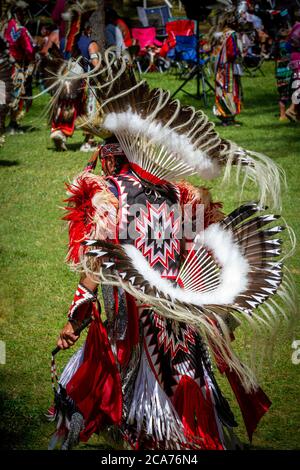 Keshena, Wisconsin, USA. 2019-08-03 Jährliches Menominee Nation Pow Wow. Rückansicht eines ausgefallenen Tänzerkostüms. Stockfoto