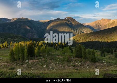 Die untergehende Sonne erhellt eine alpine Szene aus Bergen, grünen Wiesen und Wäldern - ein Blick auf die San Juan Mountains vom Molas Pass, Colorado Stockfoto