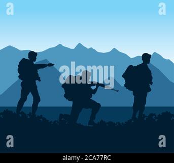 Soldaten Figuren Silhouetten in der Camp Szene Vektor Illustration Design Stock Vektor