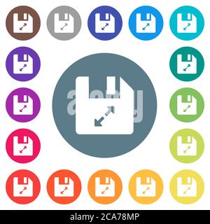 Dekomprimieren Sie flache weiße Symbole auf runden Farbhintergründen. 17 Hintergrundfarbvarianten sind enthalten. Stock Vektor