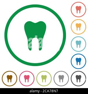 Flache Symbole mit einem Zahn in runden Umrissen auf weißem Hintergrund Stock Vektor