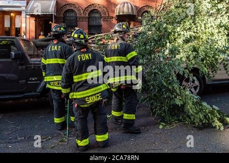 FDNY Firefighters of Engine 239/Ladder 122 räumen umgestürzte Bäume in der 7th Street im Park Slope-Viertel von Brooklyn, nachdem der tropische Sturm Isaias New York City am 4. August 2020 getroffen hatte. (Foto von Gabriele Holtermann/Sipa USA) Quelle: SIPA USA/Alamy Live News Stockfoto