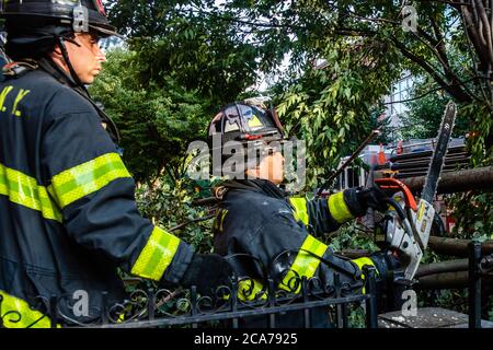 FDNY Firefighters of Engine 239/Ladder 122 räumen einen gefallenen Baum vor einem Haus in der 7th Street im Park Slope-Viertel von Brooklyn, nachdem der tropische Sturm Isaias New York City am 4. August 2020 getroffen hat. (Foto von Gabriele Holtermann/Sipa USA) Quelle: SIPA USA/Alamy Live News Stockfoto