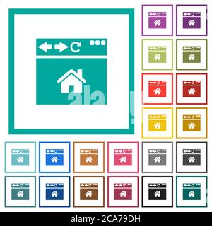 Browser-Startseite flache Farbsymbole mit Quadrantenrahmen auf weißem Hintergrund Stock Vektor