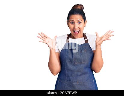 Junge schöne Brünette Frau trägt Schürze feiert Sieg mit glücklichen Lächeln und Sieger Ausdruck mit erhobenen Händen Stockfoto