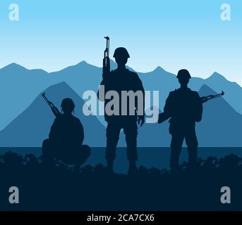 Soldaten Figuren Silhouetten in der Camp Szene Vektor Illustration Design Stock Vektor