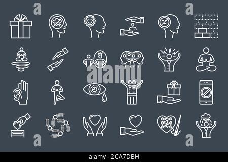 Bewusstes Leben und Freunde Beziehungen dünne Linie Verwandte Icons Set Stock Vektor