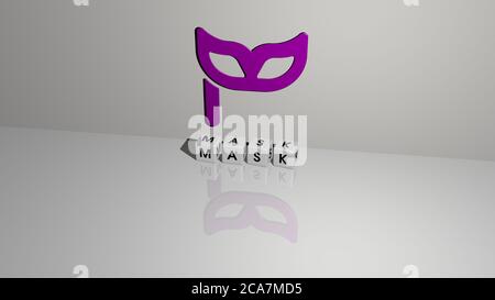 3D-Darstellung der Maske mit Symbol an der Wand und Text angeordnet durch metallische kubische Buchstaben auf einem Spiegelboden für Konzept Bedeutung und Diashow-Präsentation. Illustration und Hintergrund Stockfoto