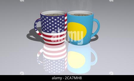 die Beziehung zwischen den vereinigten Staaten von amerika und palau wird durch Nationalflaggen über Kaffeetassen auf Spiegelboden als redaktionelles und kommerzielles Image dargestellt. 3D-Illustration Stockfoto