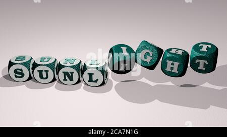 Kreuzworträtsel des SONNENLICHTS angeordnet durch kubische Buchstaben auf einem Spiegelboden, Konzept Bedeutung und Präsentation. Hintergrund und schön. 3D-Illustration Stockfoto