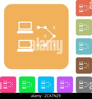Traceroute Remote-Computer flache Symbole auf abgerundeten quadratischen lebendige Farbhintergründe. Stock Vektor