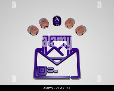 3D-Darstellung von E-MAIL mit Symbol an der Wand und Text angeordnet durch metallische kubische Buchstaben auf einem Spiegelboden für Konzept Bedeutung und Diashow-Präsentation. Illustration und Business Stockfoto