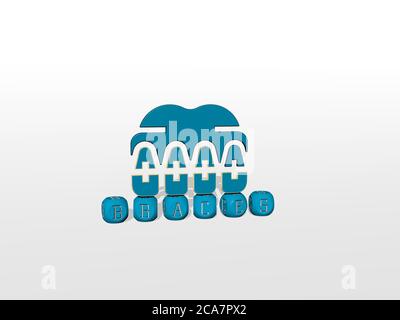 3D-Darstellung von KLAMMERN mit Symbol an der Wand und Text angeordnet durch metallische kubische Buchstaben auf einem Spiegelboden für Konzept Bedeutung und Diashow-Präsentation. Dental und Hintergrund Stockfoto