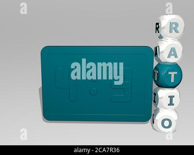 3D-Darstellung des VERHÄLTNISSES mit Symbol an der Wand und Text angeordnet durch metallische kubische Buchstaben auf einem Spiegelboden für Konzept Bedeutung und Diashow-Präsentation. Illustration und Hintergrund Stockfoto