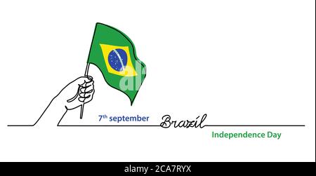 Brasilien Unabhängigkeitstag einfaches Web-Banner, Hintergrund mit Flagge und Hand. Eine fortlaufende Linienzeichnung mit Schriftzug Brasilien Stock Vektor