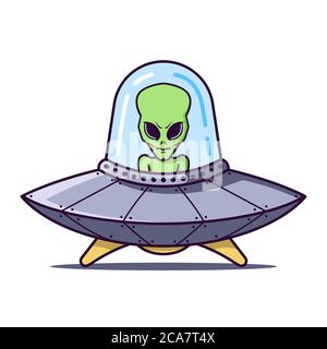 UFO mit einem grünen Alien auf weißem Hintergrund. Vektorgrafik für flache Zeichen. Stock Vektor