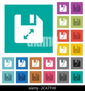 Dekomprimieren Sie mehrfarbige flache Symbole auf einfachen quadratischen Hintergründen. Weiße und dunklere Symbolvarianten für schwebe- oder aktive Effekte. Stock Vektor