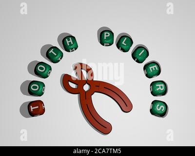 3D-Darstellung von Zangen mit Symbol an der Wand und Text angeordnet durch metallische kubische Buchstaben auf einem Spiegelboden für Konzept Bedeutung und Diashow-Präsentation. Zahn und Illustration Stockfoto