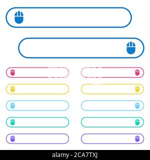Drei Computer-Maus-Symbole mit Knöpfen in abgerundeten Farbmenütasten. Symbole auf der linken und rechten Seite. Stock Vektor