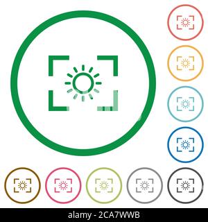 Einstellung der Kamerabelligkeit für flache Farbsymbole in runden Umrissen auf weißem Hintergrund Stock Vektor