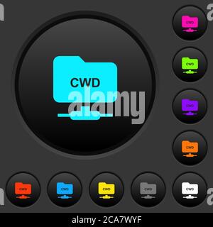 FTP ändern Arbeitsverzeichnis dunkle Drucktasten mit lebendigen Farbsymbolen auf dunkelgrauem Hintergrund Stock Vektor