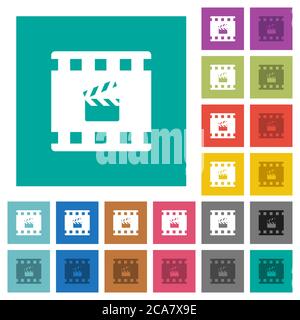 Filmproduktion mehrfarbige flache Symbole auf einfachen quadratischen Hintergründen. Weiße und dunklere Symbolvarianten für schwebe- oder aktive Effekte. Stock Vektor