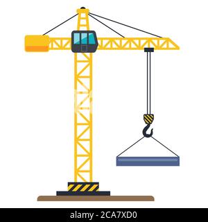 Ein gelber Kran hebt eine Last. Flache Vektorgrafik. Stock Vektor