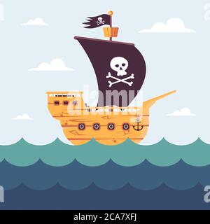 Piratenschiff im offenen Ozean. Totenkopf auf schwarzer Flagge. Flache Vektorgrafik. Stock Vektor