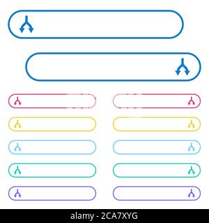 Geteilte Pfeile nach unten Symbole in gerundeten Farbmenüschaltflächen. Symbole auf der linken und rechten Seite. Stock Vektor