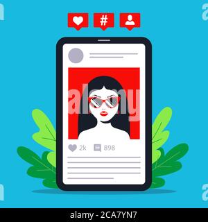 Foto des Mädchens in sozialen Netzwerken auf Mobiltelefonen. Setzen Sie Likes, Hashtags unter dem Foto und zu Freunden hinzufügen. Flache Vektorgrafik. Stock Vektor
