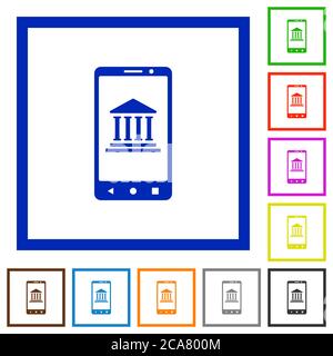Mobile Banking flache Farbsymbole in quadratischen Rahmen auf weißem Hintergrund Stock Vektor