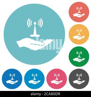 Gemeinsame Nutzung von drahtlosen Netzwerken flache weiße Symbole auf runden Farbhintergründen Stock Vektor