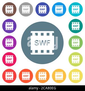 SWF-Filmformat flache weiße Symbole auf runden farbigen Hintergründen. 17 Hintergrundfarbvarianten sind enthalten. Stock Vektor