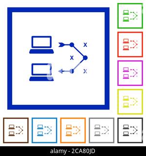 Traceroute Remote-Computer flache Farbsymbole in quadratischen Rahmen auf weißem Hintergrund Stock Vektor