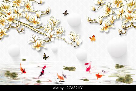 3d-Illustration, weißer Hintergrund, weiße Kugeln, große helle Magnolienblüten auf den Ästen, Goldfische im Wasser Stockfoto