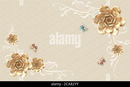 3d-Illustration, beige gefliester Hintergrund, große Marmor Zierrosen und bunte Schmetterlinge Stockfoto