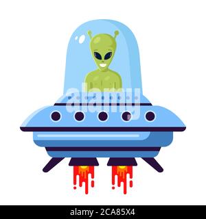 Grün niedlichen Alien in einem UFO auf einem weißen Hintergrund. Flache Vektor-Illustration Stock Vektor