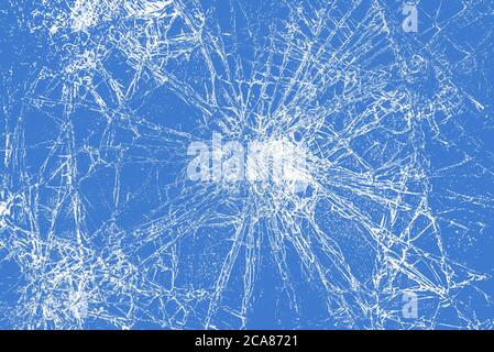 Risse auf Glas Textur gebrochenes Glas transparent auf blauem Hintergrund Stockfoto