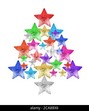 Bunte Sterne in Form von Weihnachtsbaum weißen Hintergrund isoliert Nahaufnahme, dekorative Neujahrstanne aus glänzenden Sternen, sternenklare Kiefer Ornament Stockfoto